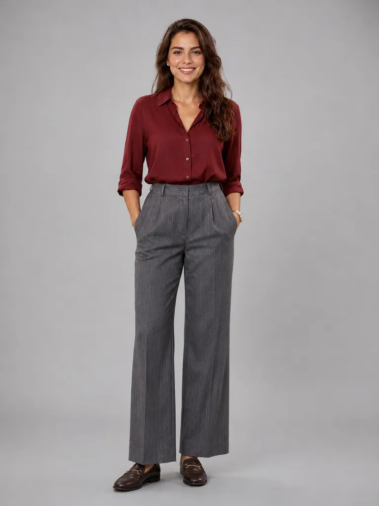 Lucía Ferrer de pie, con blusa granate y pantalón gris, sonriendo