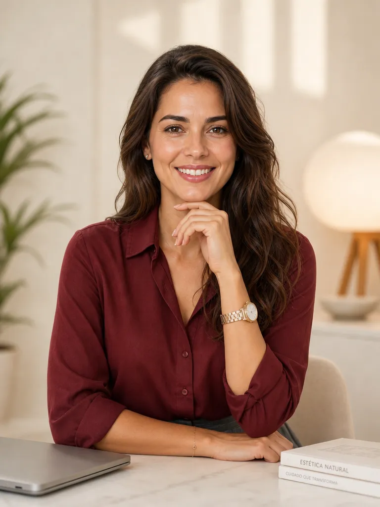 Lucía Ferrer sonriendo junto a su laptop, lista para una sesión virtual